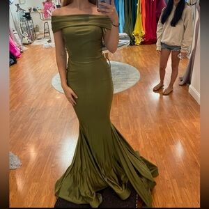 Jessica Angel #528 Off-Shoulder Olive Green Mermaid Gown